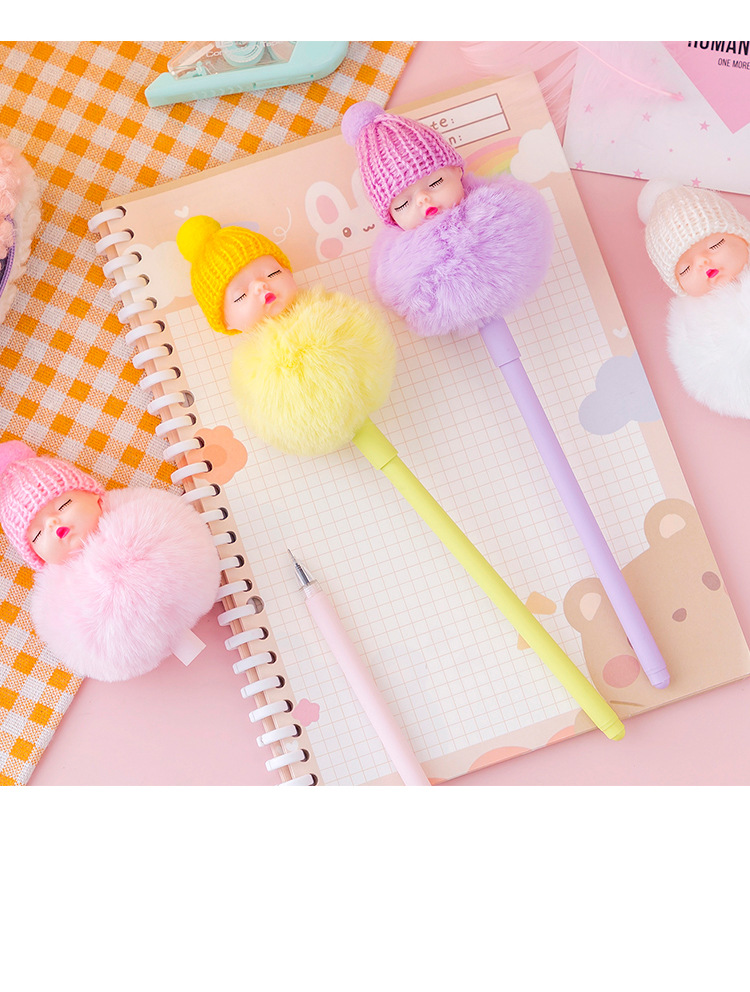 Internet Celebrity Isn Korean Style Sweet Cute Girl Heart Doll Head Fur Ball Gel Pen Student Creativity Water-Based Ballpoint Pen