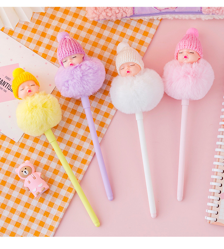 Internet Celebrity Isn Korean Style Sweet Cute Girl Heart Doll Head Fur Ball Gel Pen Student Creativity Water-Based Ballpoint Pen
