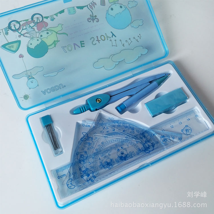 Wholesale Student Ruler Set Compass Ruler 7-Piece Geometric Drawing Tools Boxed Cartoon Compasses