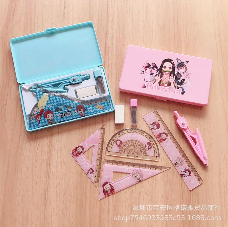 Kimetsu No Yaiba Student Compasses Ruler Set Cartoon Cute Drawing Supplies Set Square Protractor Seven-Piece