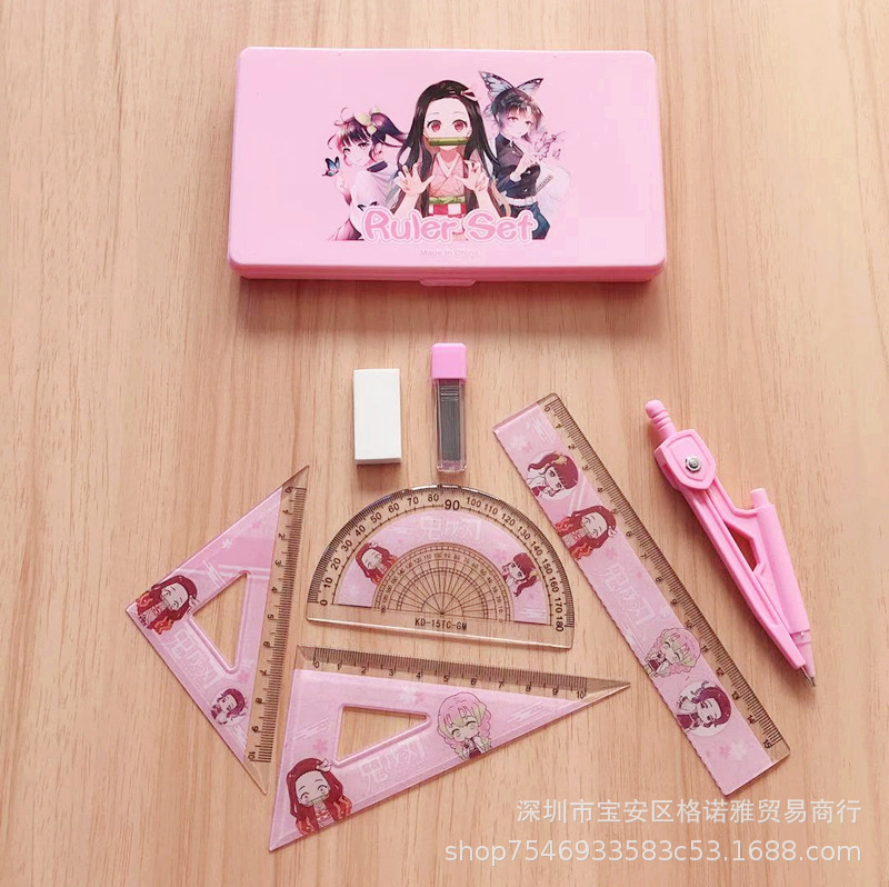 Kimetsu No Yaiba Student Compasses Ruler Set Cartoon Cute Drawing Supplies Set Square Protractor Seven-Piece