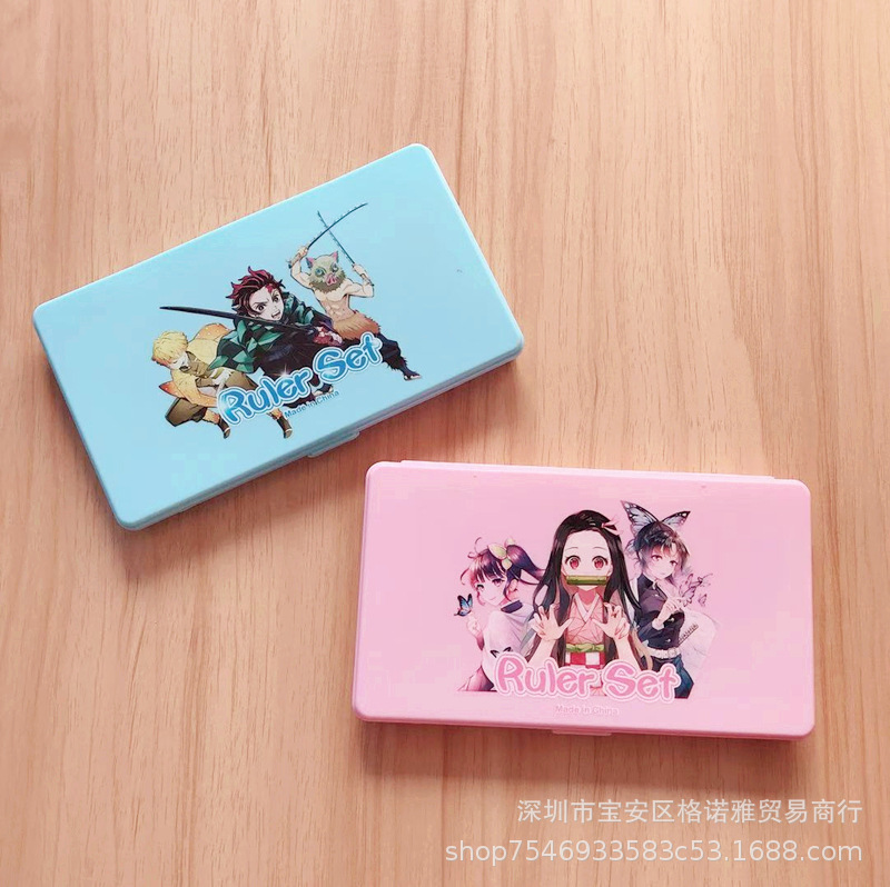 Kimetsu No Yaiba Student Compasses Ruler Set Cartoon Cute Drawing Supplies Set Square Protractor Seven-Piece