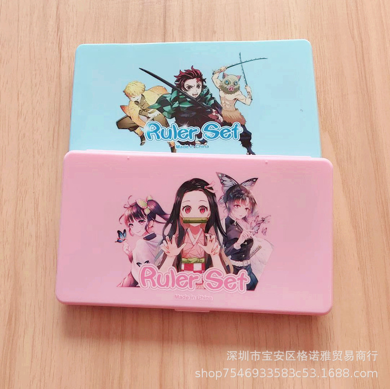 Kimetsu No Yaiba Student Compasses Ruler Set Cartoon Cute Drawing Supplies Set Square Protractor Seven-Piece