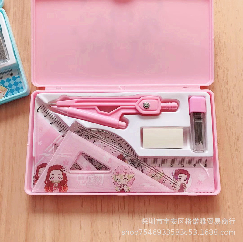 Kimetsu No Yaiba Student Compasses Ruler Set Cartoon Cute Drawing Supplies Set Square Protractor Seven-Piece