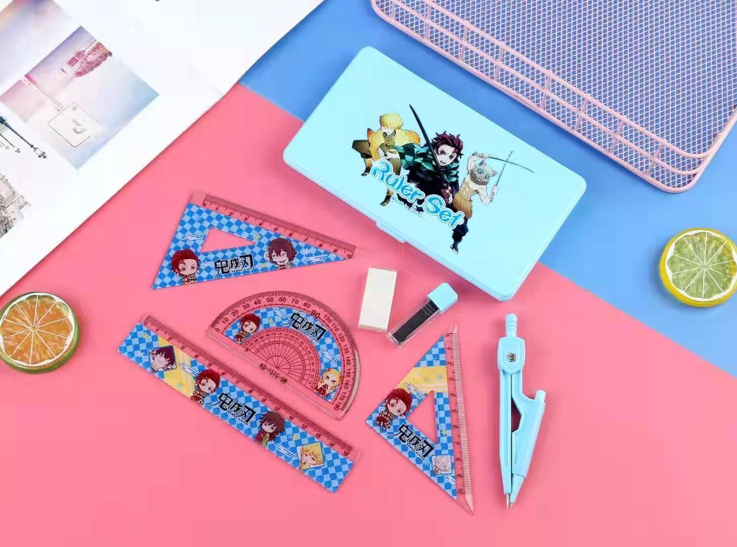 Kimetsu No Yaiba Tanjirou Ni Beans Student Compasses Ruler Set Refill 7-Piece Set Student Stationery Gift Kimetsu No Yaiba Tanjirou Ni Beans Student Compasses Ruler Set Refill 7-Piece Set Student Stationery Gift