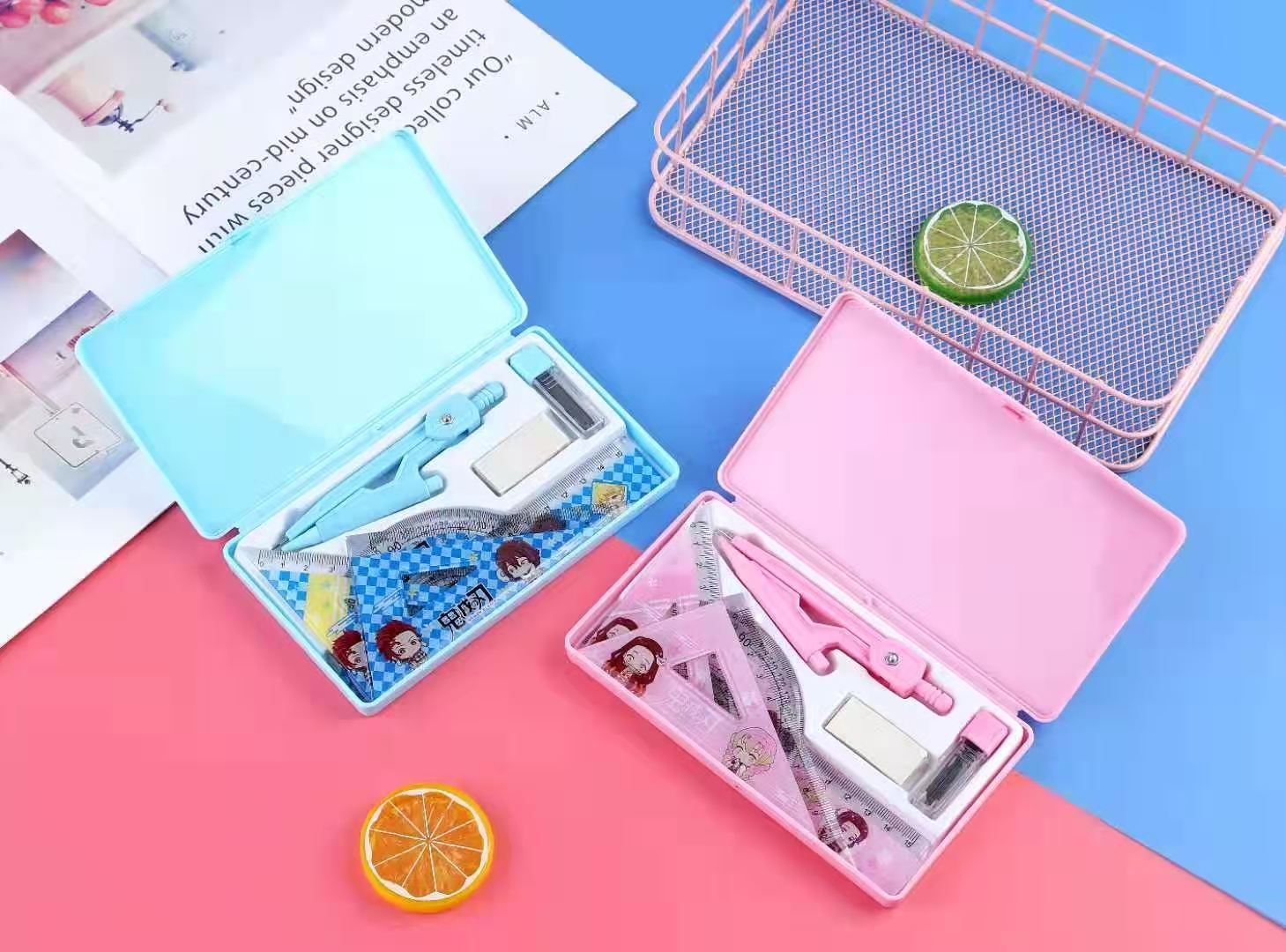 Kimetsu No Yaiba Tanjirou Ni Beans Student Compasses Ruler Set Refill 7-Piece Set Student Stationery Gift Kimetsu No Yaiba Tanjirou Ni Beans Student Compasses Ruler Set Refill 7-Piece Set Student Stationery Gift