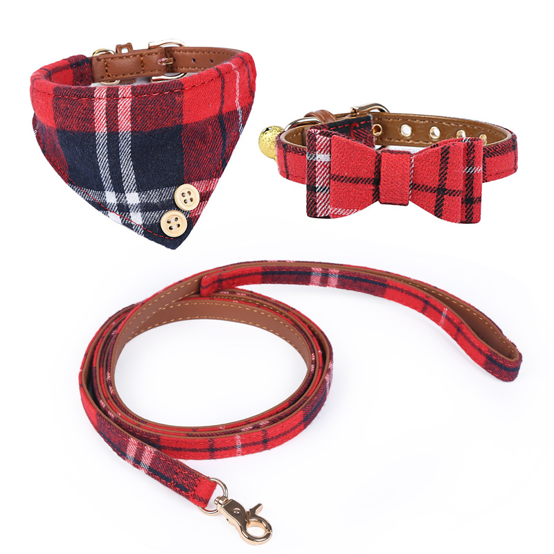 Spot New Style Plaid Bow Collar Triangular Binder Saliva Towel Set Pet Supplies Pet Collar
