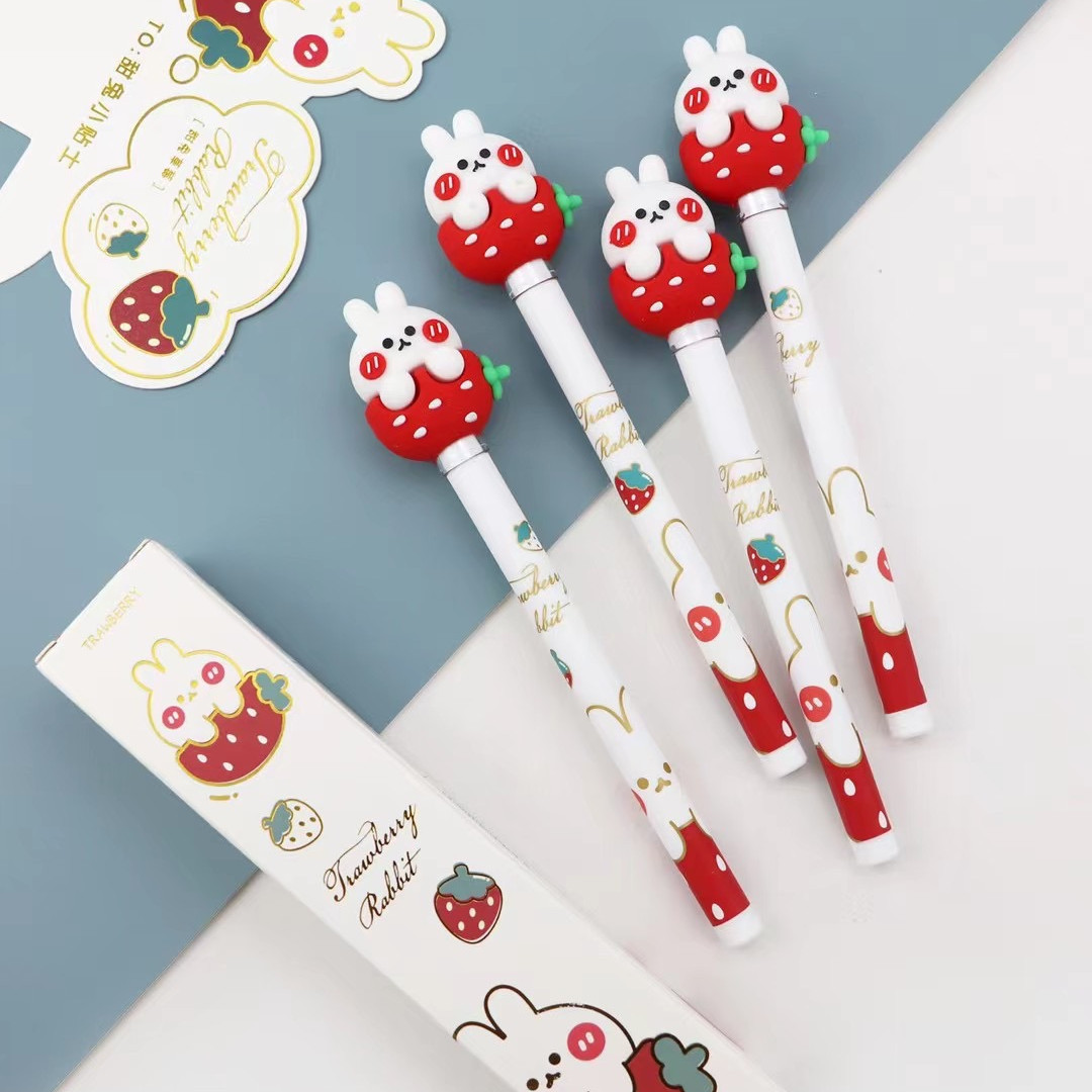 Keqi KK-7562 Silicone Cute Cartoon Sweet Rabbit Strawberry Ballpoint Pen Cartoon Cute Rabbit Gel Pen Fashion Ball Pen