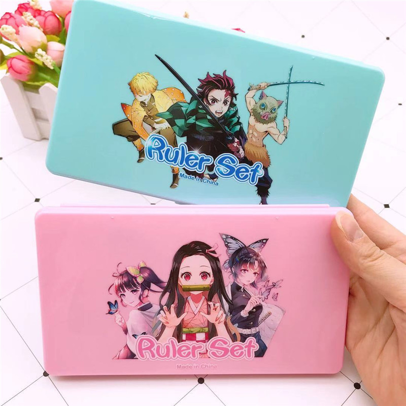 Anime Kimetsu No Yaiba Compasses Ruler Set Cartoon Student Studying Stationery Supplies Compasses Ruler Set Seven-Piece