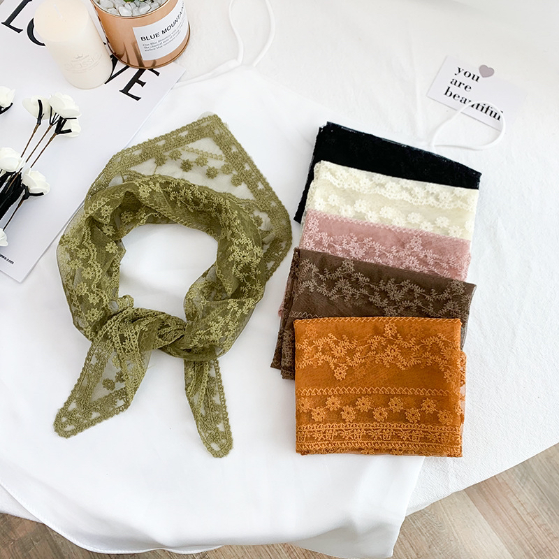 Silk Scarf Artistic Mesh Hollow Lace Triangular Binder Korean Style Fashionable Outerwear Knotted Silk Scarf Embroidered Scarf Headscarf