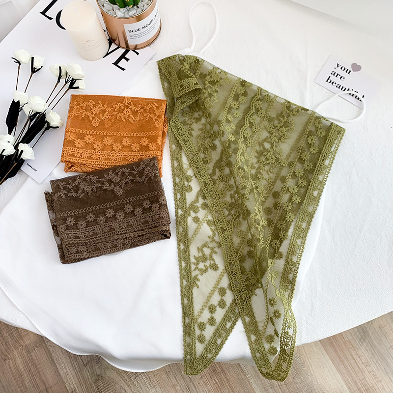 Silk Scarf Artistic Mesh Hollow Lace Triangular Binder Korean Style Fashionable Outerwear Knotted Silk Scarf Embroidered Scarf Headscarf