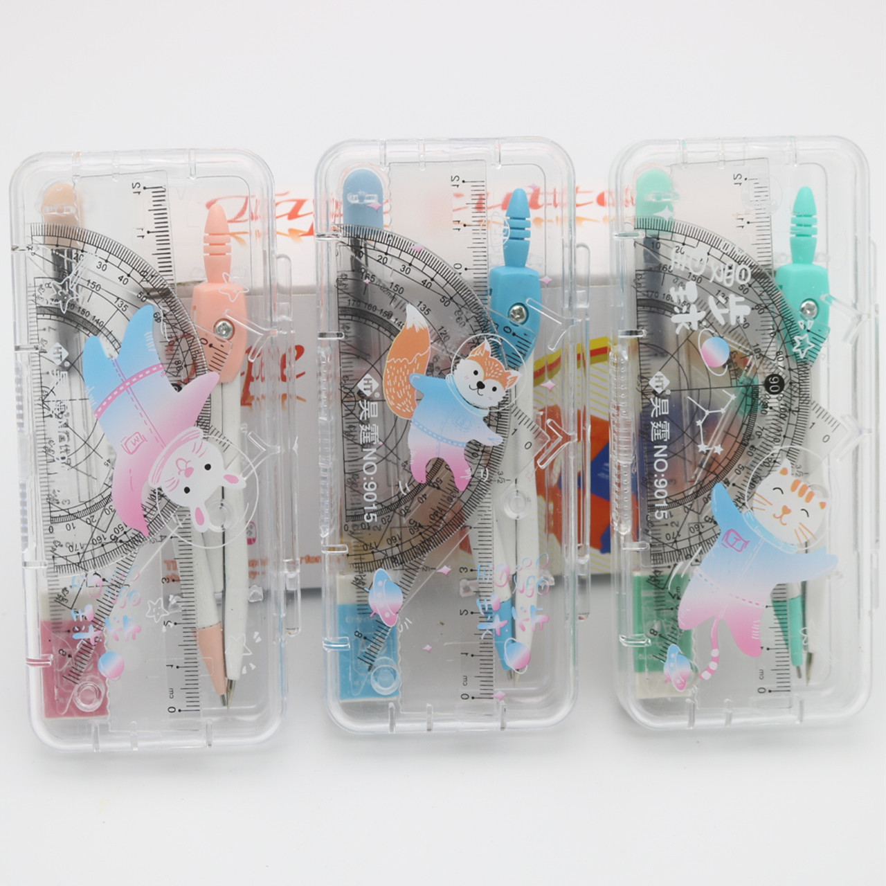 Wholesale Student Drawing Cartoon Compasses Set Full Set Ruler Mechanical Pencil Lead Rubber Seven-Piece Drawing Tool 9015