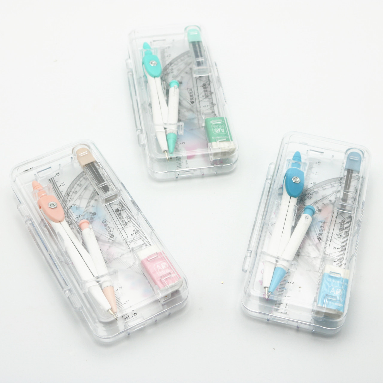 Wholesale Student Drawing Cartoon Compasses Set Full Set Ruler Mechanical Pencil Lead Rubber Seven-Piece Drawing Tool 9015