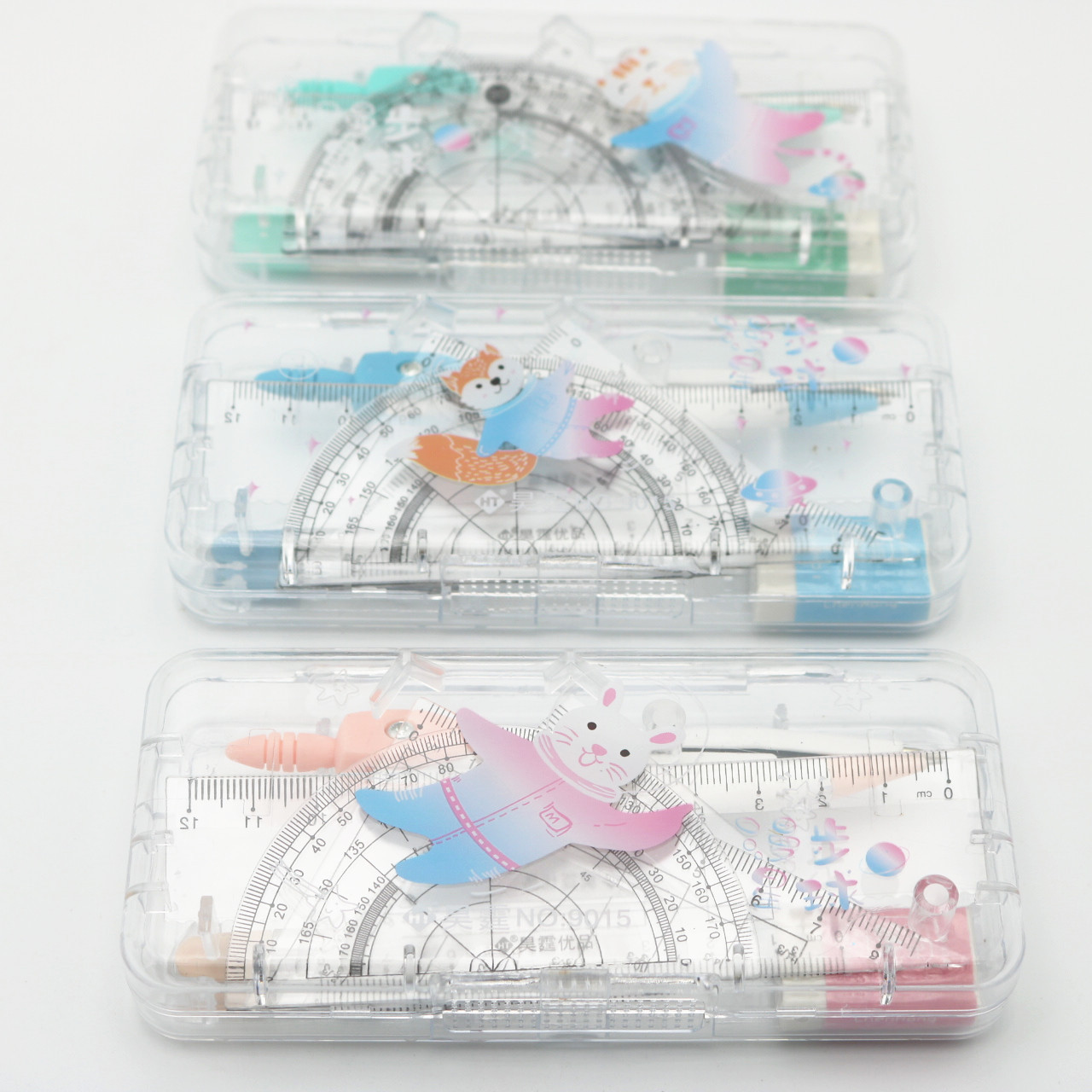 Wholesale Student Drawing Cartoon Compasses Set Full Set Ruler Mechanical Pencil Lead Rubber Seven-Piece Drawing Tool 9015