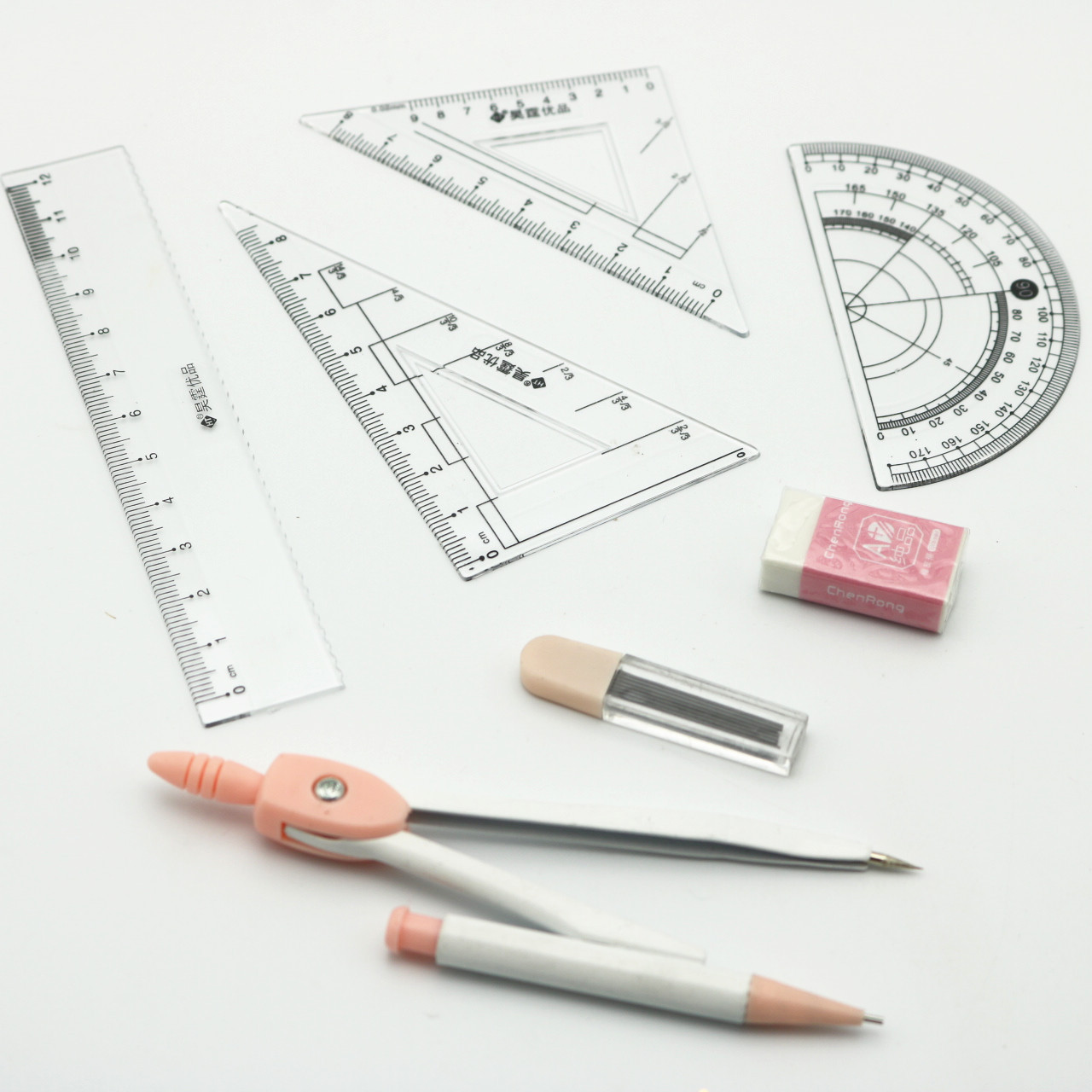 Wholesale Student Drawing Cartoon Compasses Set Full Set Ruler Mechanical Pencil Lead Rubber Seven-Piece Drawing Tool 9015