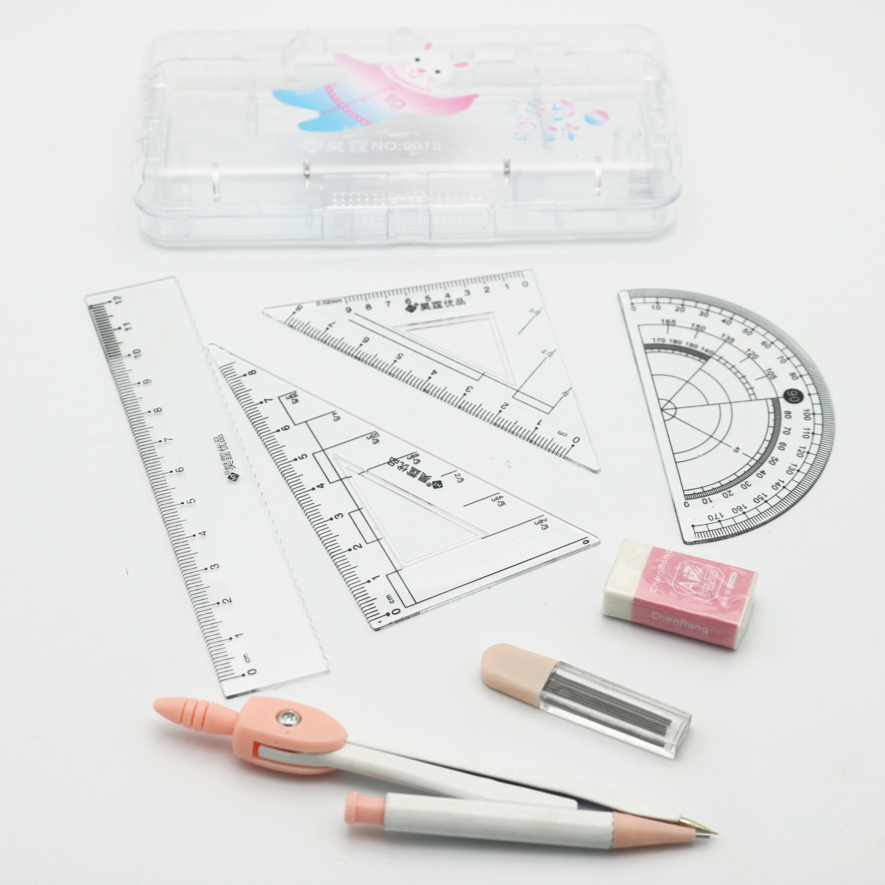 Wholesale Student Drawing Cartoon Compasses Set Full Set Ruler Mechanical Pencil Lead Rubber Seven-Piece Drawing Tool 9015