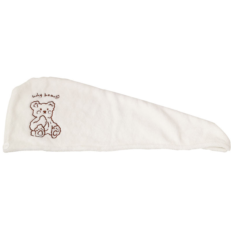 INS Style Pure White Hair-Drying Cap Women&#039;s Triangular Binder Coral Fleece Water-Absorbing Quick-Drying Bear Embroidery Hair Towel Microfiber