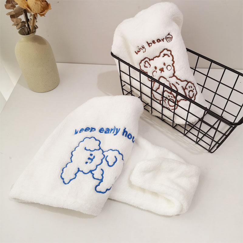 INS Style Pure White Hair-Drying Cap Women&#039;s Triangular Binder Coral Fleece Water-Absorbing Quick-Drying Bear Embroidery Hair Towel Microfiber