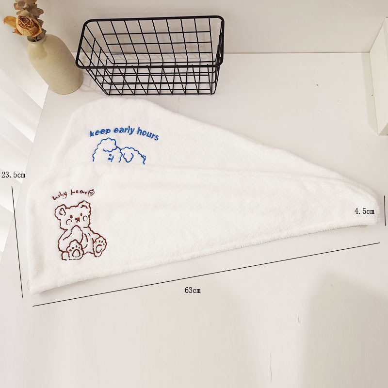 INS Style Pure White Hair-Drying Cap Women&#039;s Triangular Binder Coral Fleece Water-Absorbing Quick-Drying Bear Embroidery Hair Towel Microfiber