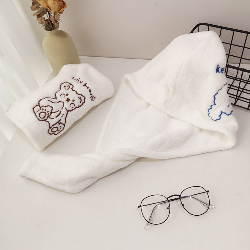INS Style Pure White Hair-Drying Cap Women's Triangular Binder Coral Fleece Water-Absorbing Quick-Drying Bear Embroidery Hair Towel Microfiber INS Style Pure White Hair-Drying Cap Women's Triangular Binder Coral Fleece Water-Absorbing Quick-Drying Bear Embroidery Hair Towel Microfiber