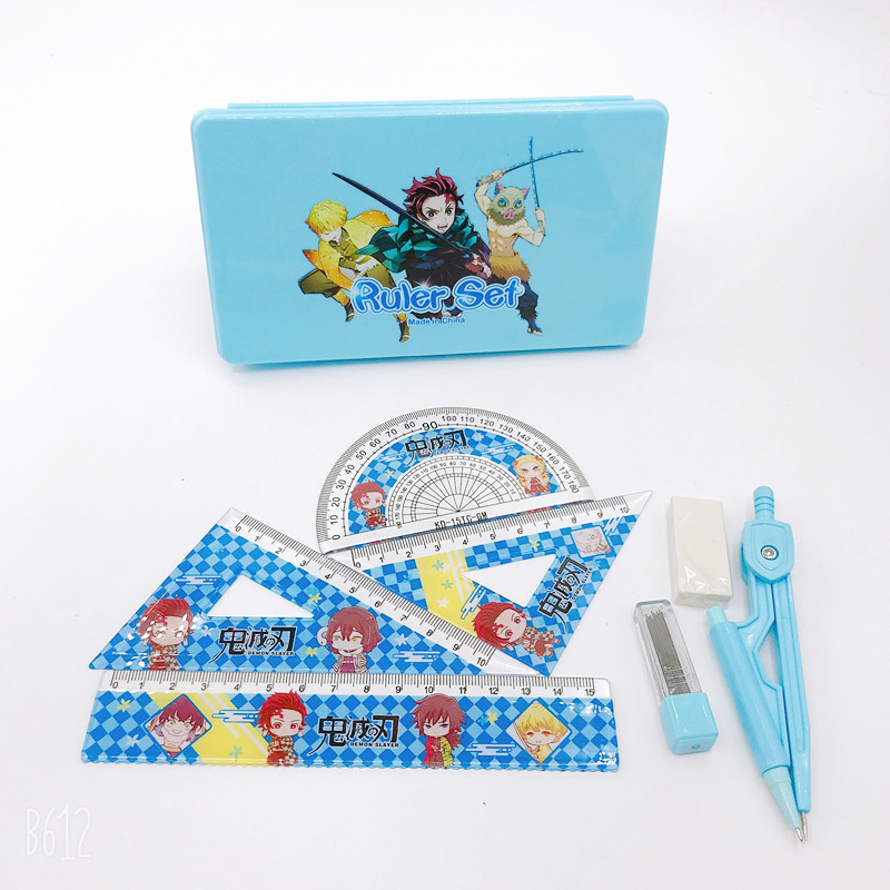 Anime Peripheral Kimetsu No Yaiba Compasses Ruler Set Cartoon Student Drawing Stationery Ruler Set Combination