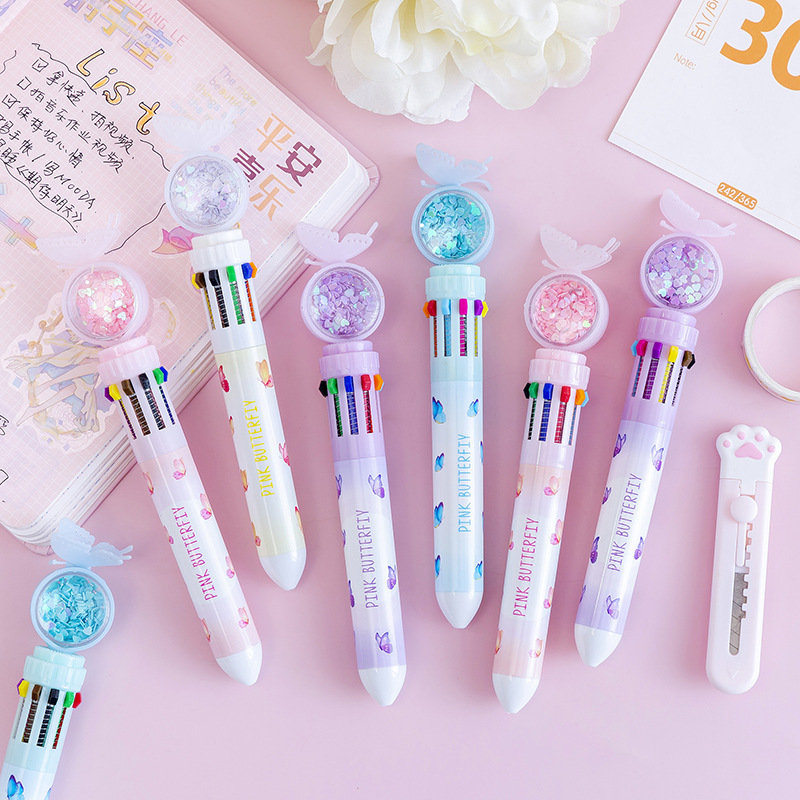 Cartoon Butterfly Ten-Color Ballpoint Pen Student Multi-Color Press Oil Pen Multi-Function 10-Color Stationery Journal Ball Pen