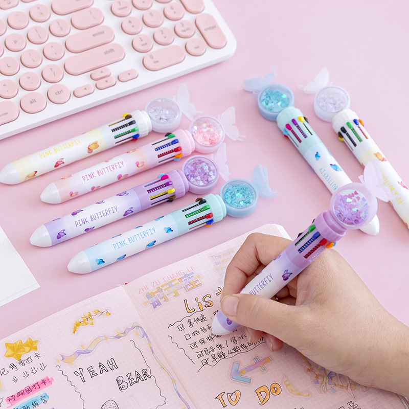 Cartoon Butterfly Ten-Color Ballpoint Pen Student Multi-Color Press Oil Pen Multi-Function 10-Color Stationery Journal Ball Pen