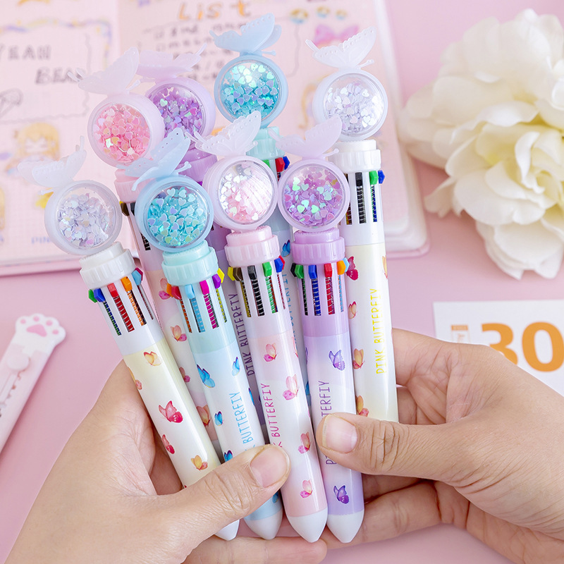Cartoon Butterfly Ten-Color Ballpoint Pen Student Multi-Color Press Oil Pen Multi-Function 10-Color Stationery Journal Ball Pen