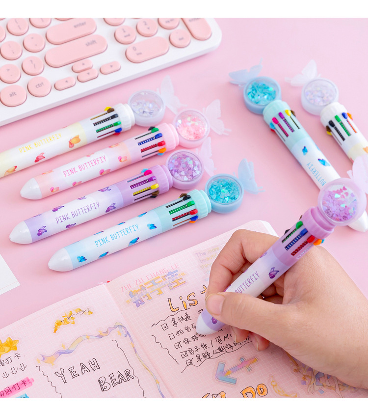 Cartoon Butterfly Ten-Color Ballpoint Pen Student Multi-Color Press Oil Pen Multi-Function 10-Color Stationery Journal Ball Pen