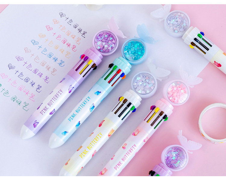 Cartoon Butterfly Ten-Color Ballpoint Pen Student Multi-Color Press Oil Pen Multi-Function 10-Color Stationery Journal Ball Pen