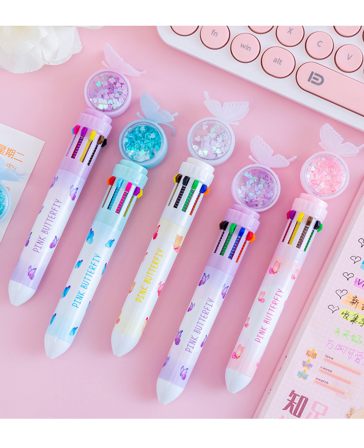 Cartoon Butterfly Ten-Color Ballpoint Pen Student Multi-Color Press Oil Pen Multi-Function 10-Color Stationery Journal Ball Pen