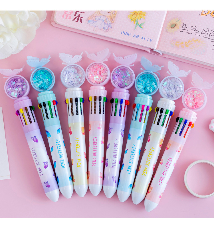 Cartoon Butterfly Ten-Color Ballpoint Pen Student Multi-Color Press Oil Pen Multi-Function 10-Color Stationery Journal Ball Pen