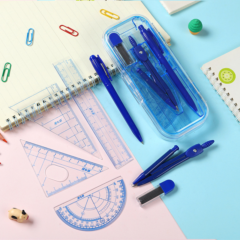 Student Studying Stationery Supplies Compasses Ruler Set Classic Simple Drawing Measurement 7-Piece Compasses Wholesale