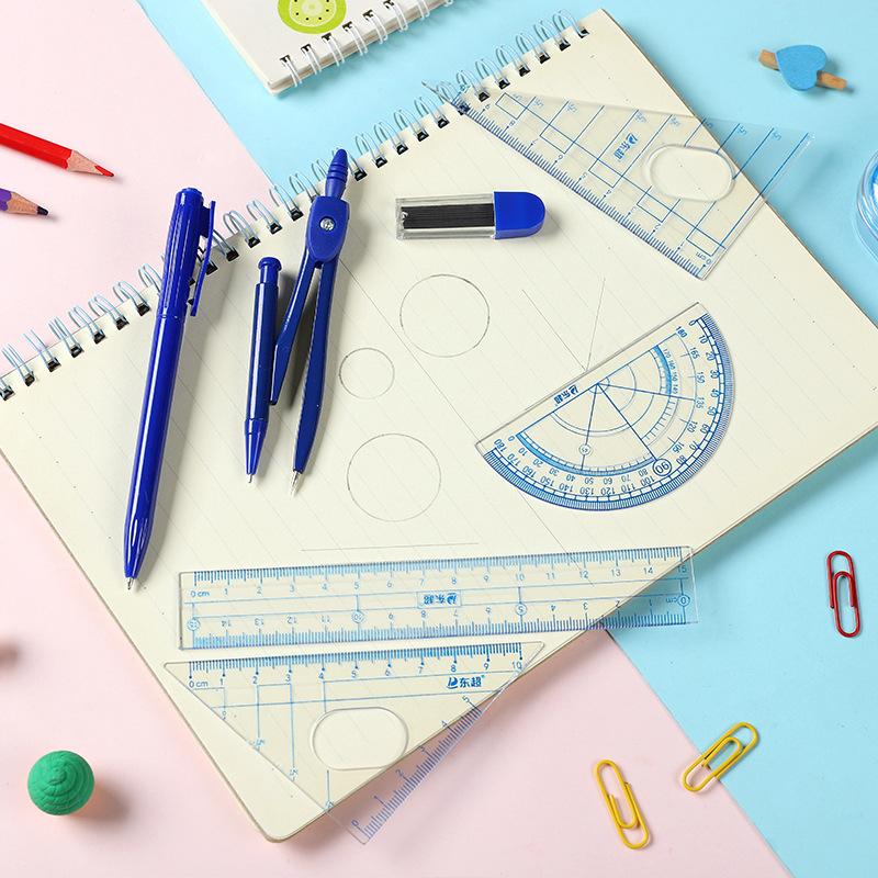 Student Studying Stationery Supplies Compasses Ruler Set Classic Simple Drawing Measurement 7-Piece Compasses Wholesale