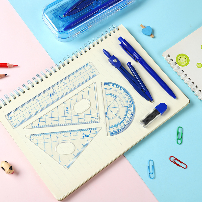 Student Studying Stationery Supplies Compasses Ruler Set Classic Simple Drawing Measurement 7-Piece Compasses Wholesale