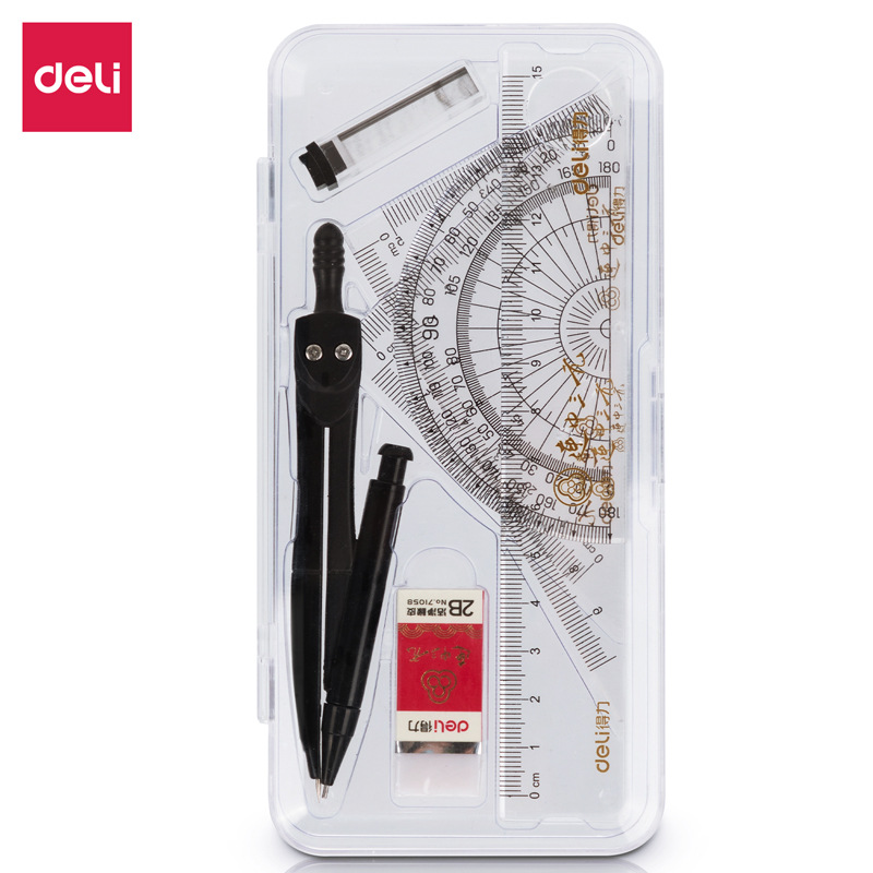 Deli 72155 Continuous Middle Three Yuan Ruler Sets Compasses Examination Set Student Drawing Tool Ruler 7-Piece Set