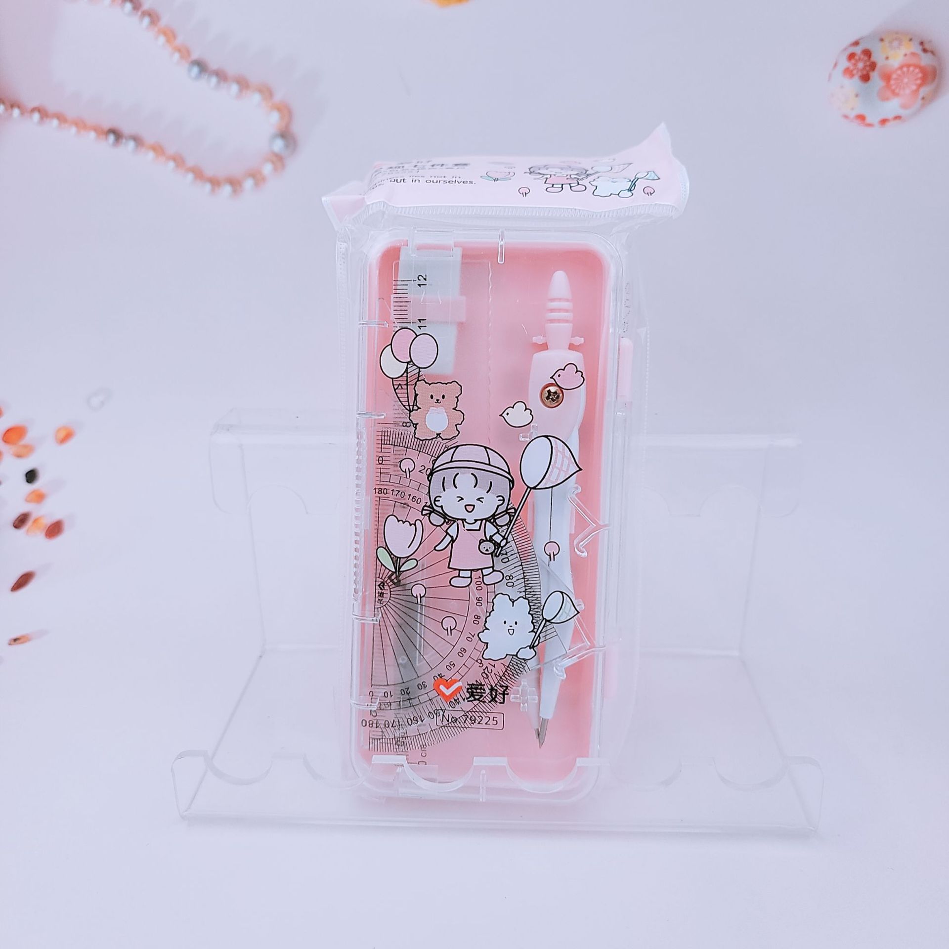 Aihao Stationery New 79225 Ruler Seven-Piece Student Cartoon Girl Compasses Ruler Set Set Wholesale
