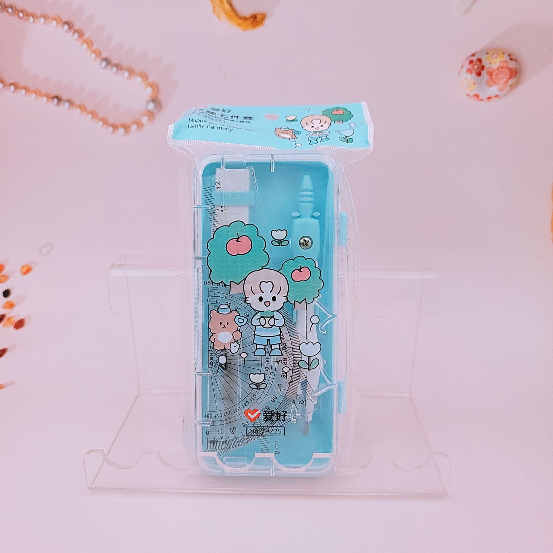 Aihao Stationery New 79225 Ruler Seven-Piece Student Cartoon Girl Compasses Ruler Set Set Wholesale