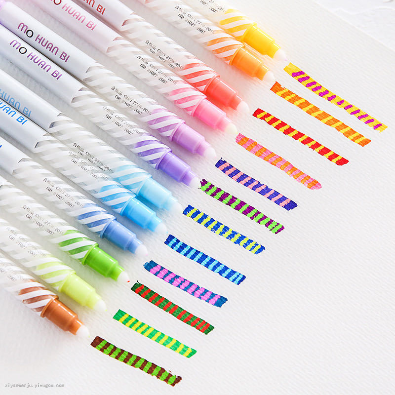 12-Color Magic Highlighter Color Student Key Marker Double-Line Pen Will Change Color Highlighter Marker Pen