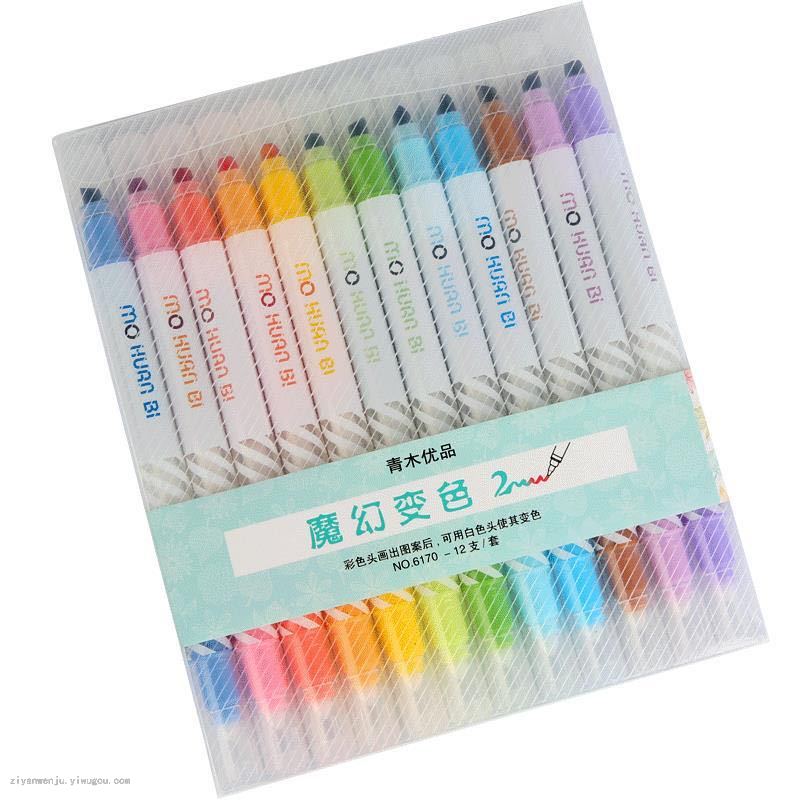 12-Color Magic Highlighter Color Student Key Marker Double-Line Pen Will Change Color Highlighter Marker Pen