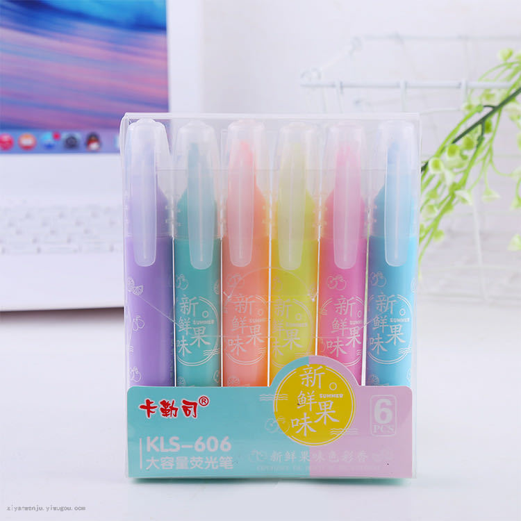 Kales 6-Color Large Capacity Highlighter Classroom Marker Knowledge Mark Pen Oblique Head Graffiti Pen Colored Pen