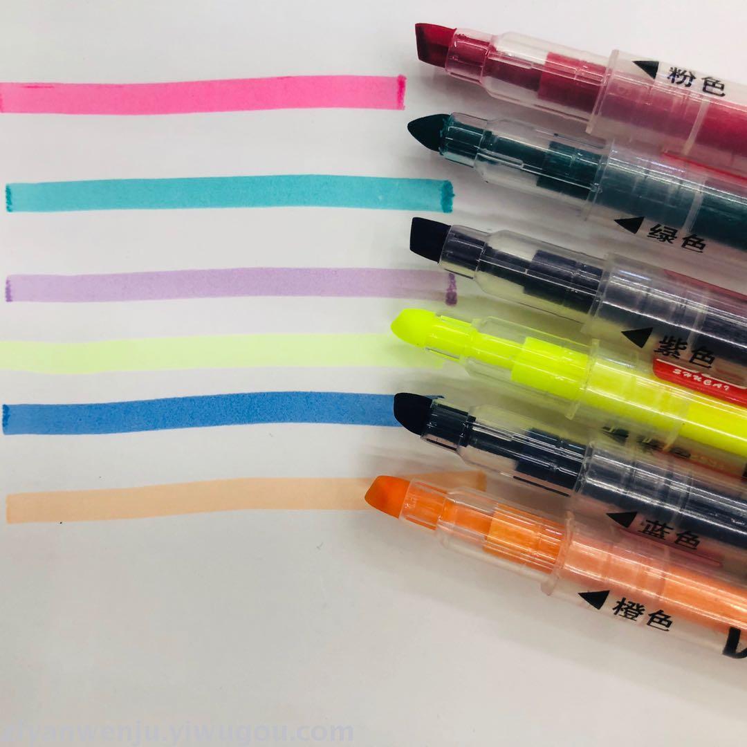 Double - ended highlighter can be written on one end and 6 - color pen on the other Double - ended highlighter can be written on one end and 6 - color pen on the other