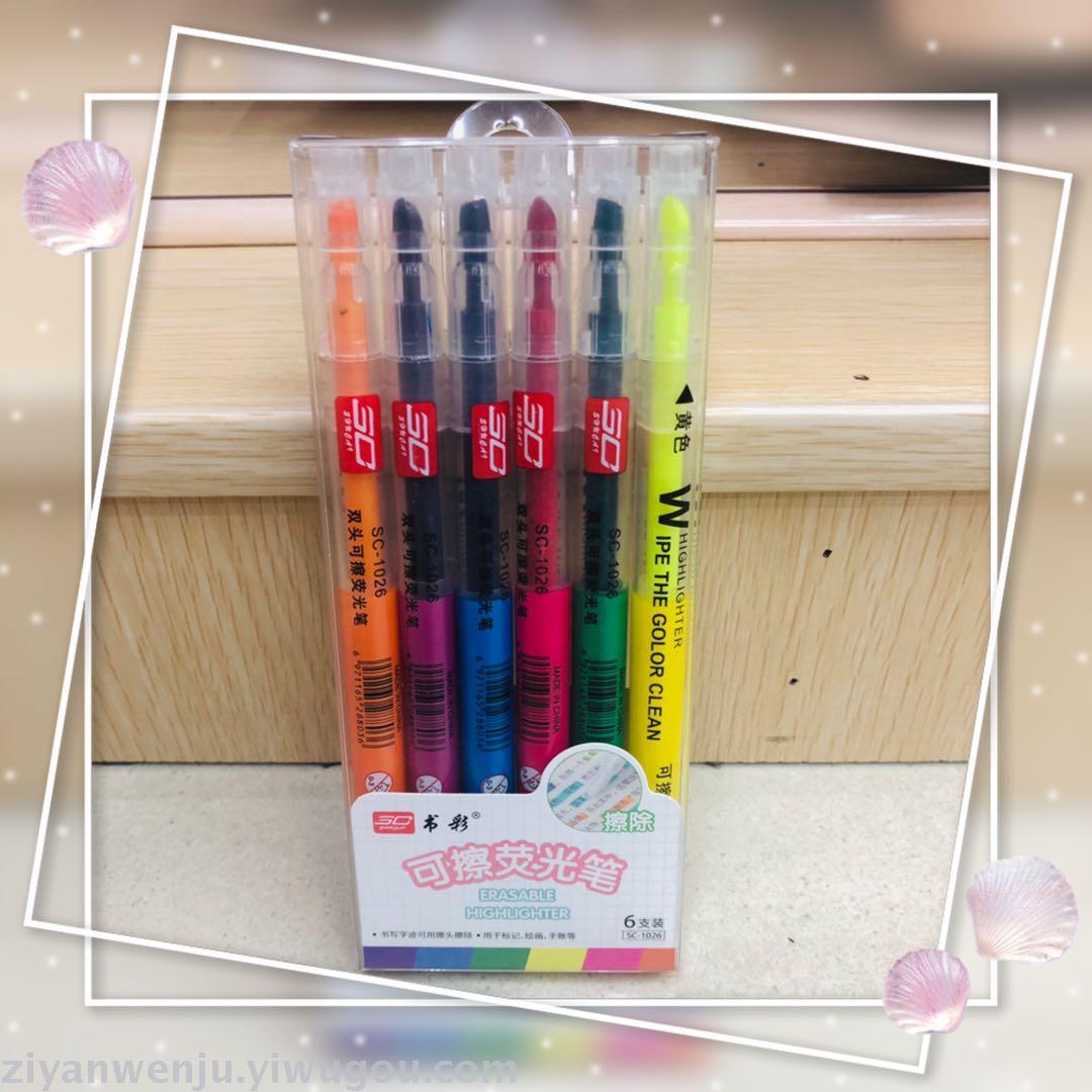 Double - ended highlighter can be written on one end and 6 - color pen on the other Double - ended highlighter can be written on one end and 6 - color pen on the other