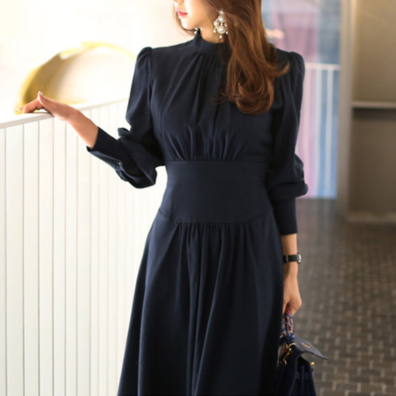 Blue Stand Collar Dress for Women Autumn and Winter New Lantern Sleeve Socialite Women&#039;s Clothes Light Luxury and Simplicity Intellectual Ol Pencil Skirt