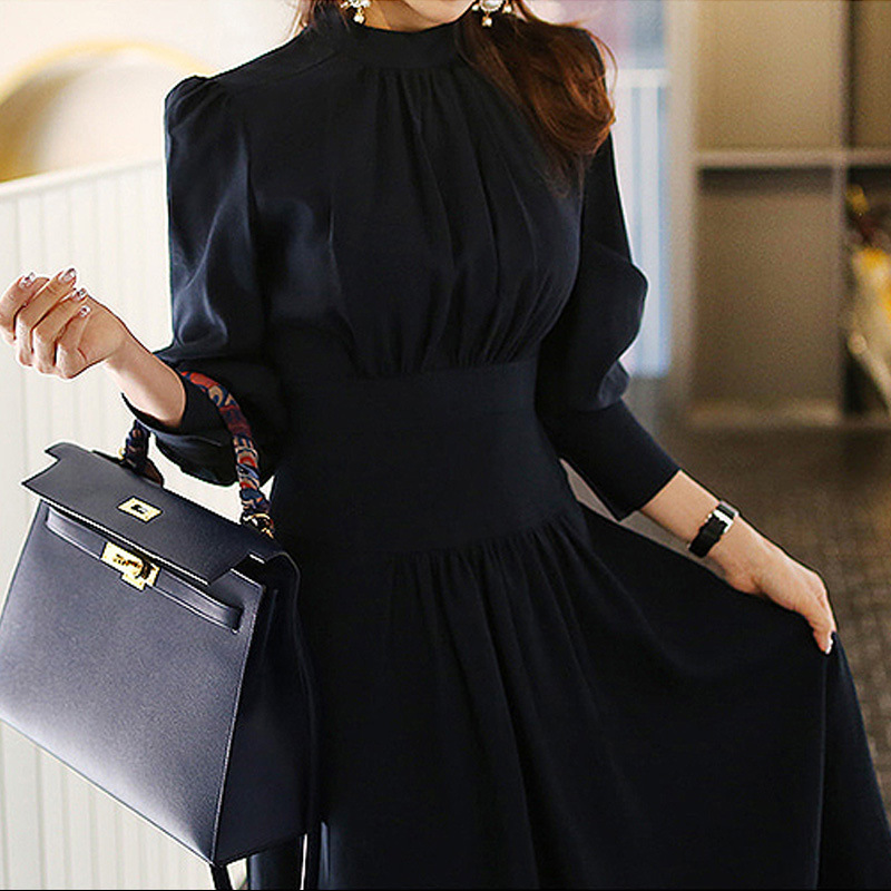 Blue Stand Collar Dress for Women Autumn and Winter New Lantern Sleeve Socialite Women&#039;s Clothes Light Luxury and Simplicity Intellectual Ol Pencil Skirt