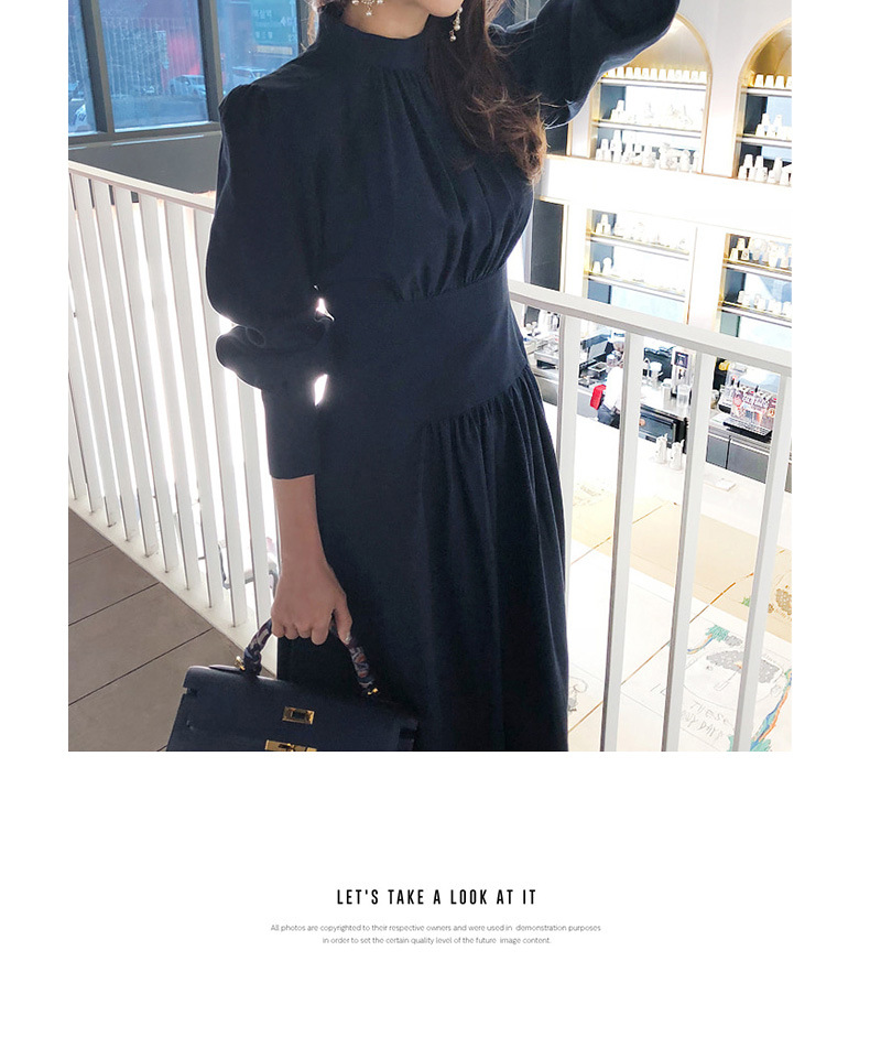 Blue Stand Collar Dress for Women Autumn and Winter New Lantern Sleeve Socialite Women's Clothes Light Luxury and Simplicity Intellectual Ol Pencil Skirt