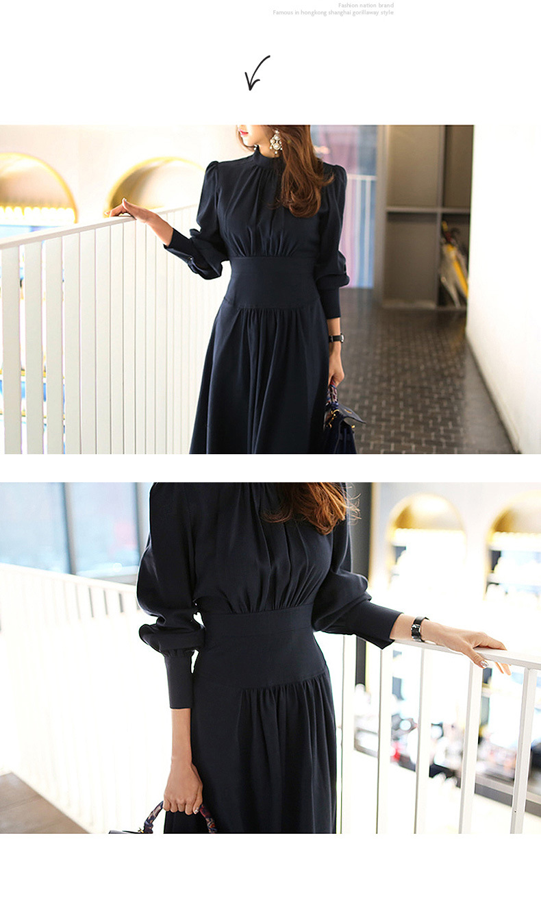 Blue Stand Collar Dress for Women Autumn and Winter New Lantern Sleeve Socialite Women's Clothes Light Luxury and Simplicity Intellectual Ol Pencil Skirt