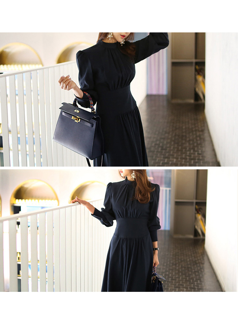 Blue Stand Collar Dress for Women Autumn and Winter New Lantern Sleeve Socialite Women's Clothes Light Luxury and Simplicity Intellectual Ol Pencil Skirt