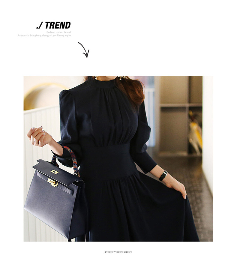 Blue Stand Collar Dress for Women Autumn and Winter New Lantern Sleeve Socialite Women's Clothes Light Luxury and Simplicity Intellectual Ol Pencil Skirt