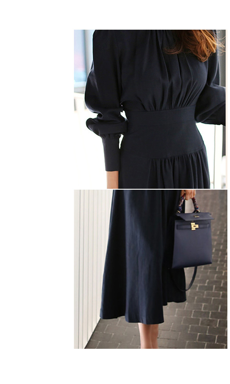 Blue Stand Collar Dress for Women Autumn and Winter New Lantern Sleeve Socialite Women's Clothes Light Luxury and Simplicity Intellectual Ol Pencil Skirt